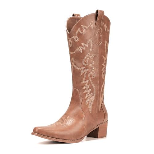 IXU Women's Pointy Toe Mid Calf Western Cowgirl Boots — Brown