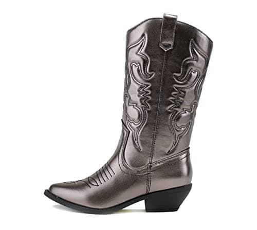 All-White Soda Red Knee High Cowboy Boots with Pull-On Tabs — Pewter Metallic Pu