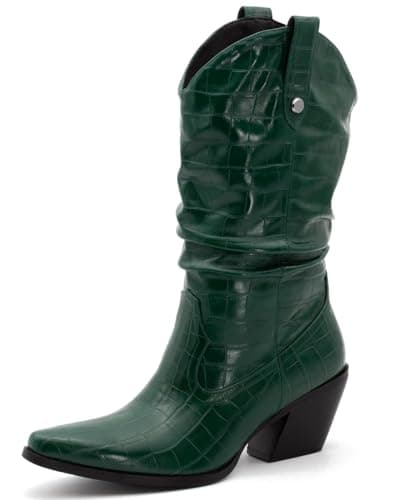 MISSMILLER Women's Embroidered Square Toe Cowboy Cowgirl Boots Western Mid Calf Heel — Crocodile Green