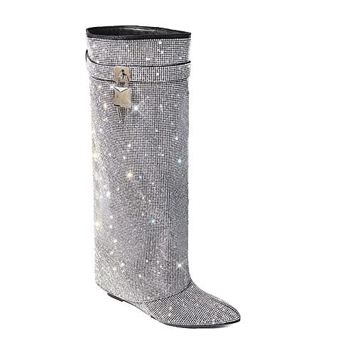 MUTTO-1 Women's Rhinestone Knee-High Fold-Over Wedge Heel Boots — Black Silver Rhinestone