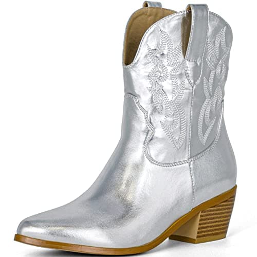 STALOV Women's Embroidered Cowgirl Ankle Boots, Pointed Toe Chunky Heel — Silver