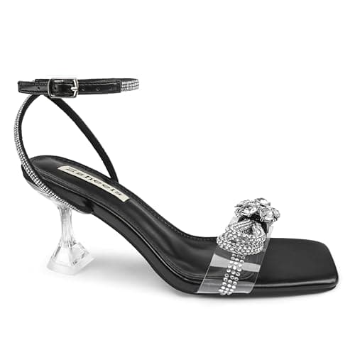 Zzheels Clear Crystal Double Bowknot Slingback Heels for Party and Weddings — 2.76“black Bow