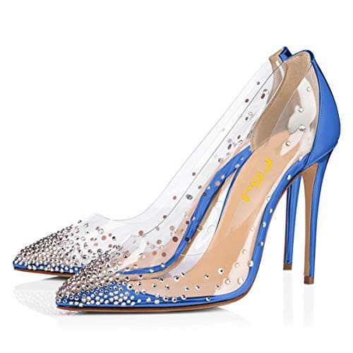 FSJ Women's Studded Pointed Toe Transparent High Heels with Bowknot US 4-15 M — Royal Blue
