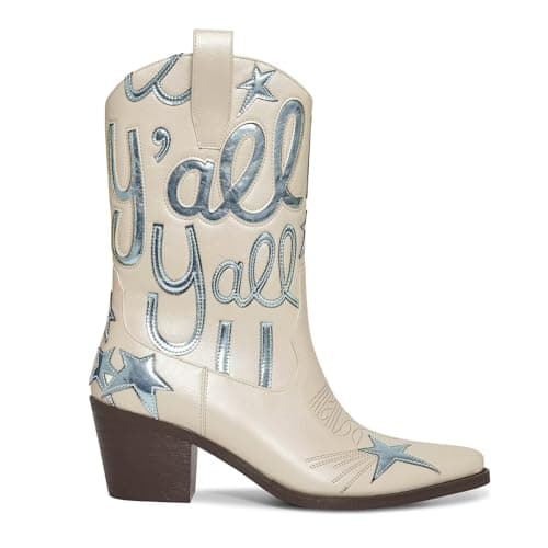 HOCHFART Women's Mid-Calf Metallic Cowboy BootsFashion Embroidery Pull-On — White