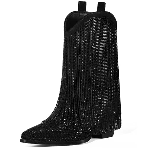 HICLOTSA Sparkly Rhinestone Western Ankle Boots for Women — Black