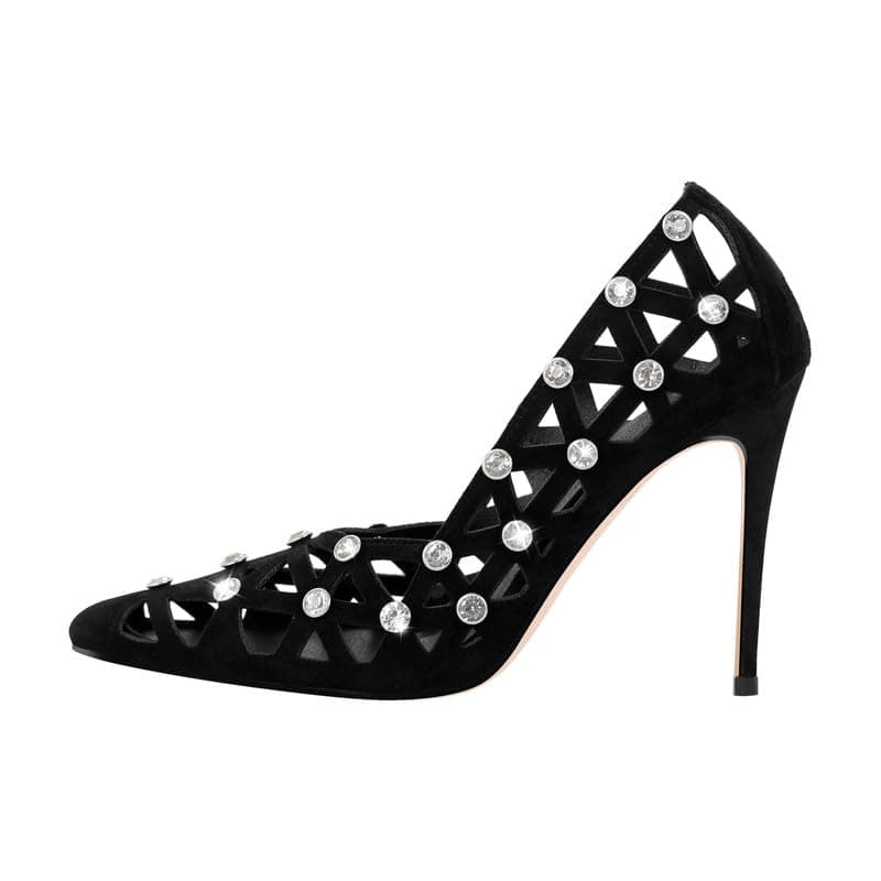 Richealnana Women's Pointed Toe Rhinestone Pumps for Party Prom — Black Suede