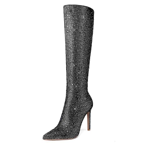 Sparkly Rhinestone Knee High Boots for Women — Black(knee High)
