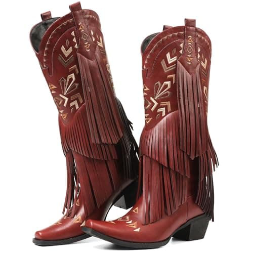 SaraIris Women's Knee High Cowgirl Fringe Boots — 1wine Red