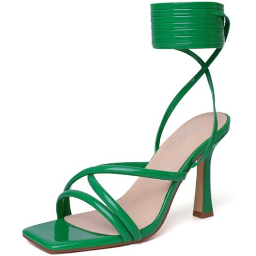 Mostrin Women's Strappy Heels Lace Up Square Toe High Heeled Sandals for Prom, Party & Daily Wear — Green