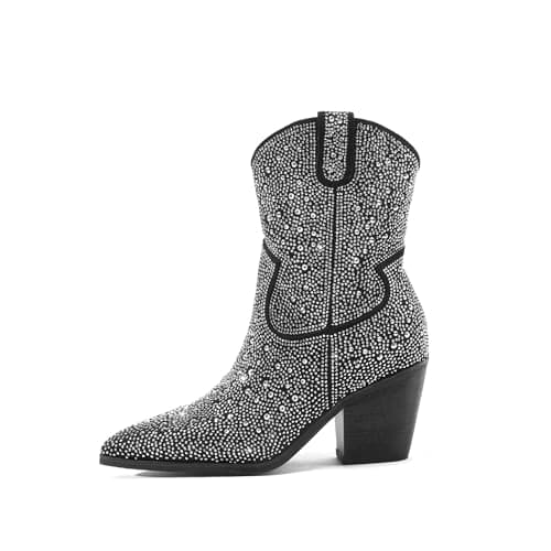 LUMUTA Western Rheinstone Cowboy Boots for Women Comfortable Side Zip Ankle Heels