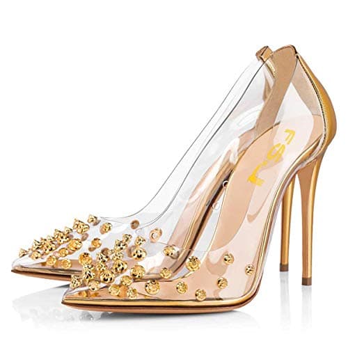 FSJ Women's Studded Pointed Toe Transparent High Heels with Bowknot US 4-15 M — Gold Rivets