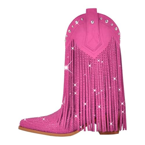 Sexytag Women's Sparkly Fringe Cowgirl Western Mid-Calf Boots — Pink