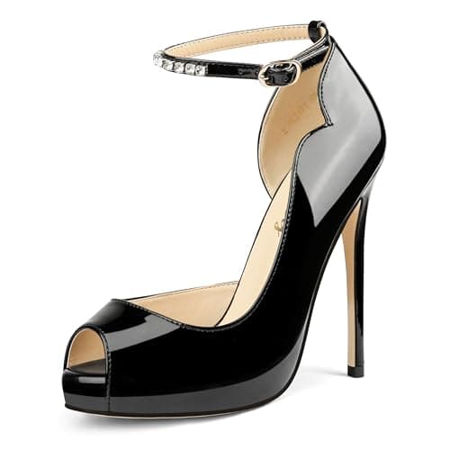 Eithy Women's Thin High Heel Pumps for Party and Daily Wear — Black With Shiny Ankle Straps
