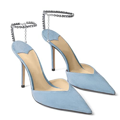 LauraVicci Women's Crystal Chain Heeled Sandals with Rhinestones Buckle Satin Shoes — Blue Suede
