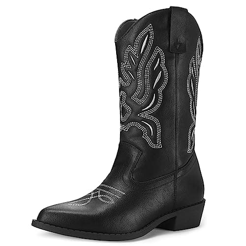 Mysoft Women's Cowboy Boots Embroidered Mid-Calf Pointed Toe — Black Pu-white Embroidery