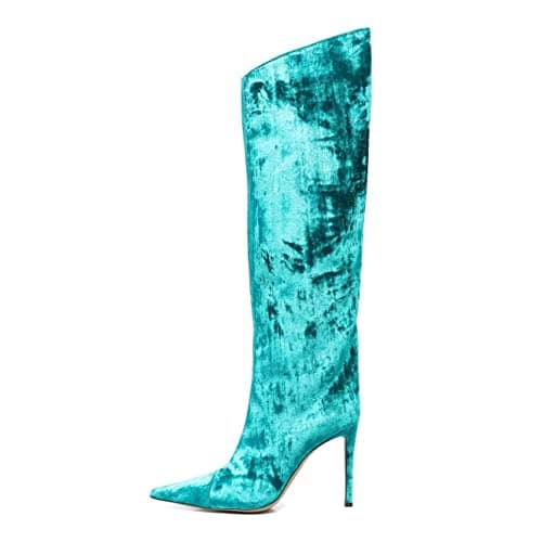 Arqa Women's Chrome Zipper Knee High Stiletto Heel Boot — Blue Velvet