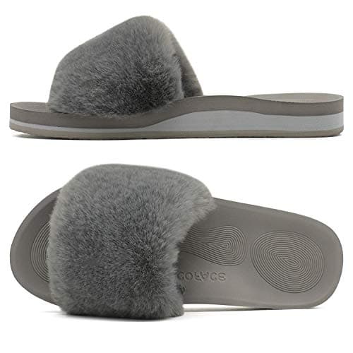 COFACE Women's Memory Foam Plush Slip-On Slippers Anti-Skid Fur Indoor Outdoor — Grey