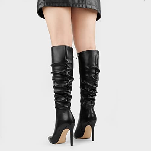 COLETER Women's Knee High Stiletto Buckle Dress Boots with Slouch Zipper