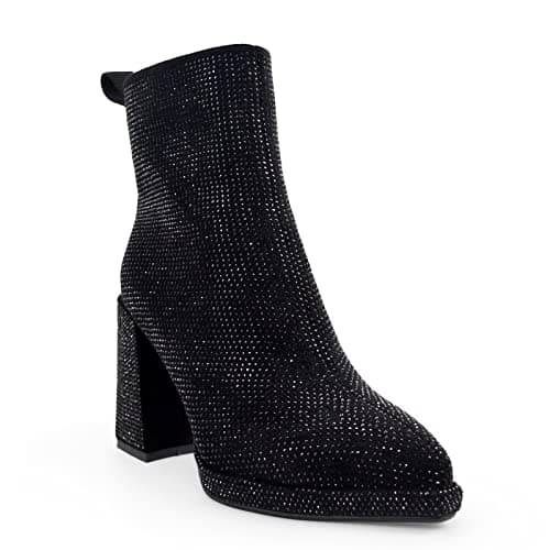 LUMUTA Western Rheinstone Cowboy Boots for Women Comfortable Side Zip Ankle Heels — Black