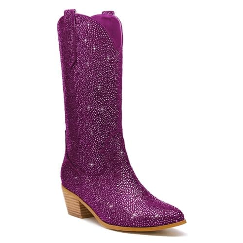 KEEISEA Women's Sparkle Rhinestone Cowboy Boots Wide Glitter Fashion Party — Mid-calf Burgundy