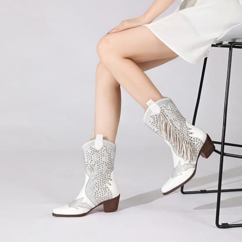 Western Women's Pointed Toe Rhinestone Ankle Boots with Tassels