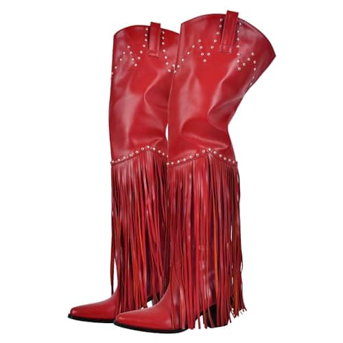 Richealnini Fringe Thigh High Zip-Up Western Boots