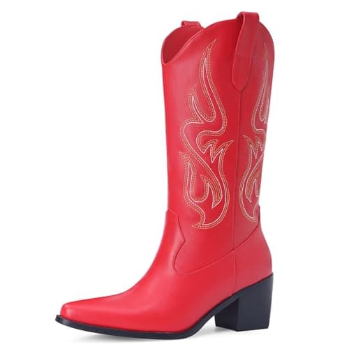 Pasuot Western Mid Calf Boots for Women with Embroidery — Red