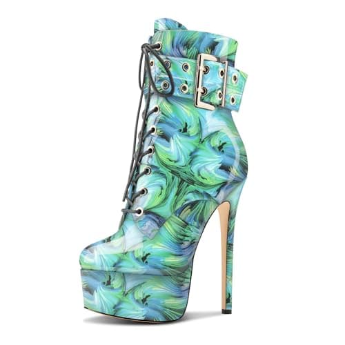 Womens Aachcol Stiletto Heel Platform Ankle Boots Patent Leather Zipper Buckle — Green Multicolor