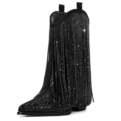 Ouepiano Women's Rhinestone Cowboy Boots with Sparkly Fringe — Black