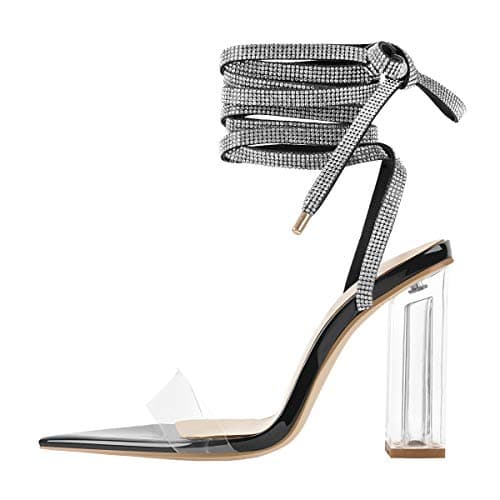 Women's Clear Block Heel Lace Up Rhinestones Sandals — Black