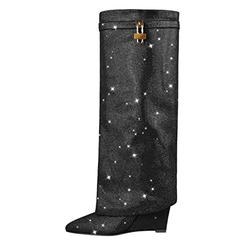 Richealnana Women's Rhinestone Wedge Knee-High Boots — Black