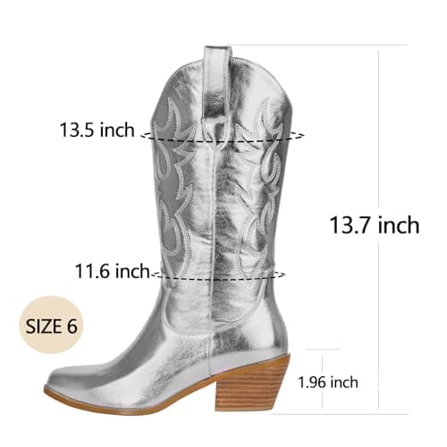 Ouepiano Women's Western Embroidered Booties, Mid Calf Pointed Toe Chunky Heel Pull-On Boots