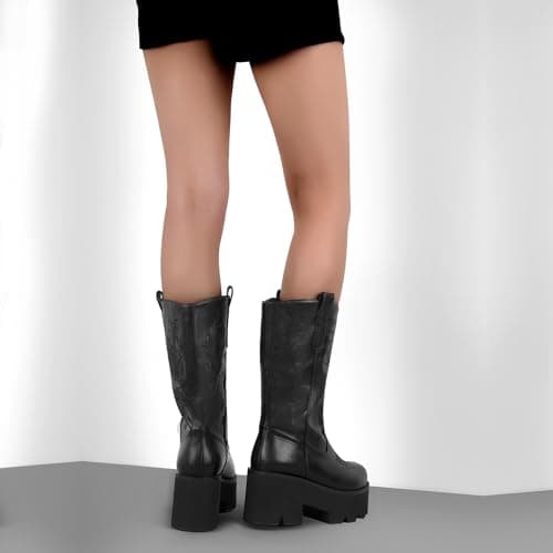 Rich heel Mid Calf Booties for Women Embroidered Knee-High Boots