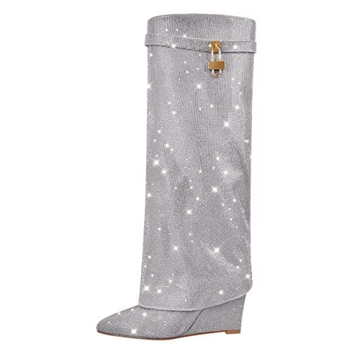 Richealnana Women's Rhinestone Wedge Knee-High Boots