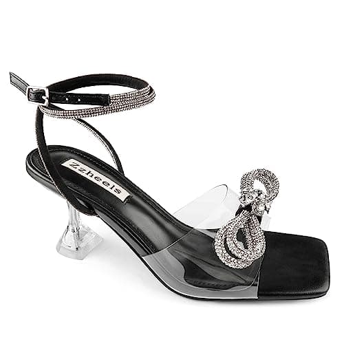 Zzheels Clear Crystal Double Bowknot Slingback Heels for Party and Weddings — 2.76“black
