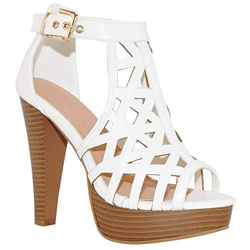 TRENDSUP Open Toe Ankle Strap Stacked Heel Sandal — White