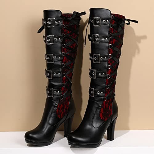 KysBloes Women's Goth Lace Knee High Boots with Buckle Heel