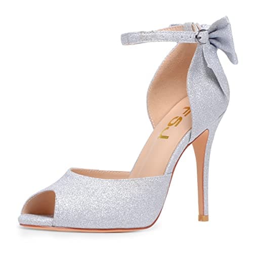 FSJ Women's Bridal Stiletto Heels with Ankle Straps and Buckle Size 4-15 US — Silver Glitter