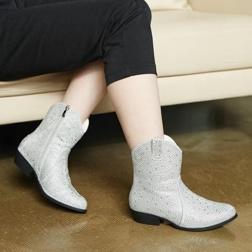 PEPPEP Collection Western Cowgirl Boots for Women, Vegan Leather, Embroidered Mid Calf Heel