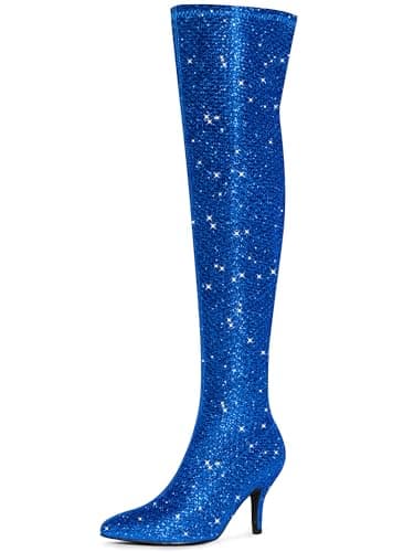 Allegra K Women's Glitter Knee High Stiletto Heel Boot — Deep Blue