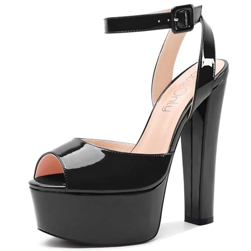 NobleOnly Women's High Block Platform Prom Heels Ankle Strap Sandals 5.9" Heels — Black Patent