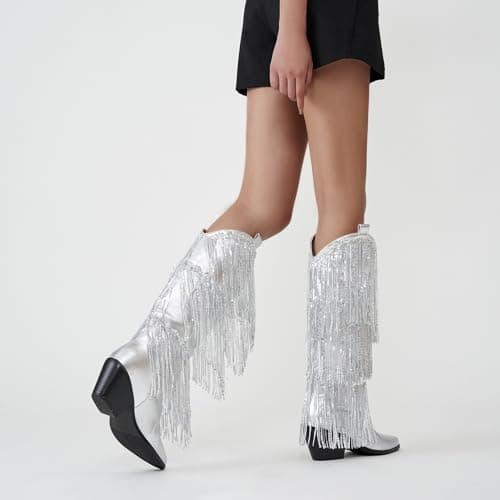 Metallic Cowgirl Sparkly Sequin Knee High Boots for Women