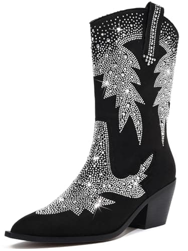 RONILURN Women's Black Knee High Cowboy Boot with Rhinestone Bling — Ankle Black