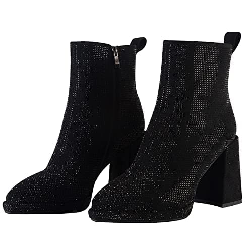 Stefaniya Nina Women's Sparkly Rhinestone Ankle Boots Chunky Heels Zipper Party Prom Booties