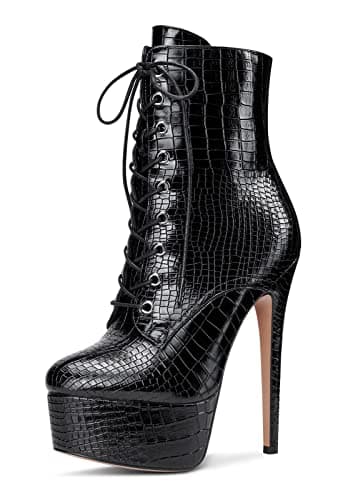 Castamere Women's High Heel Lace-Up Ankle Boots With Zipper Stiletto Heels 6 Inches — Black Matte