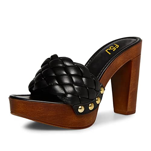 FSJ Women's Braided Chunky Heel Slip On Sandal Size 4-15 US — Black