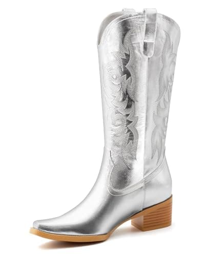 MISSMILLER Women's Embroidered Square Toe Cowboy Cowgirl Boots Western Mid Calf Heel — Silver