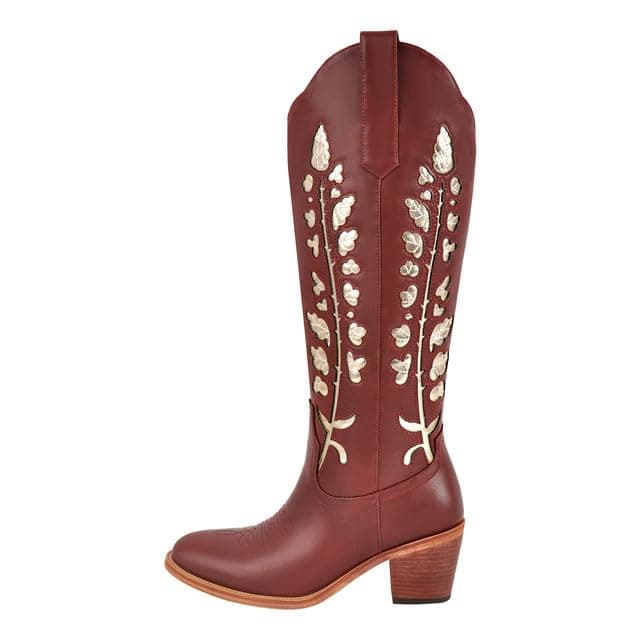 Richealnana Women's Cowgirl Short Embroidered Boots with Chunky Heels — Red a