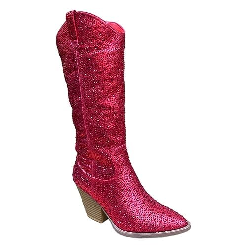 ABSOLEX Women's Western Cowgirl Rhinestone Knee High Boots — Red