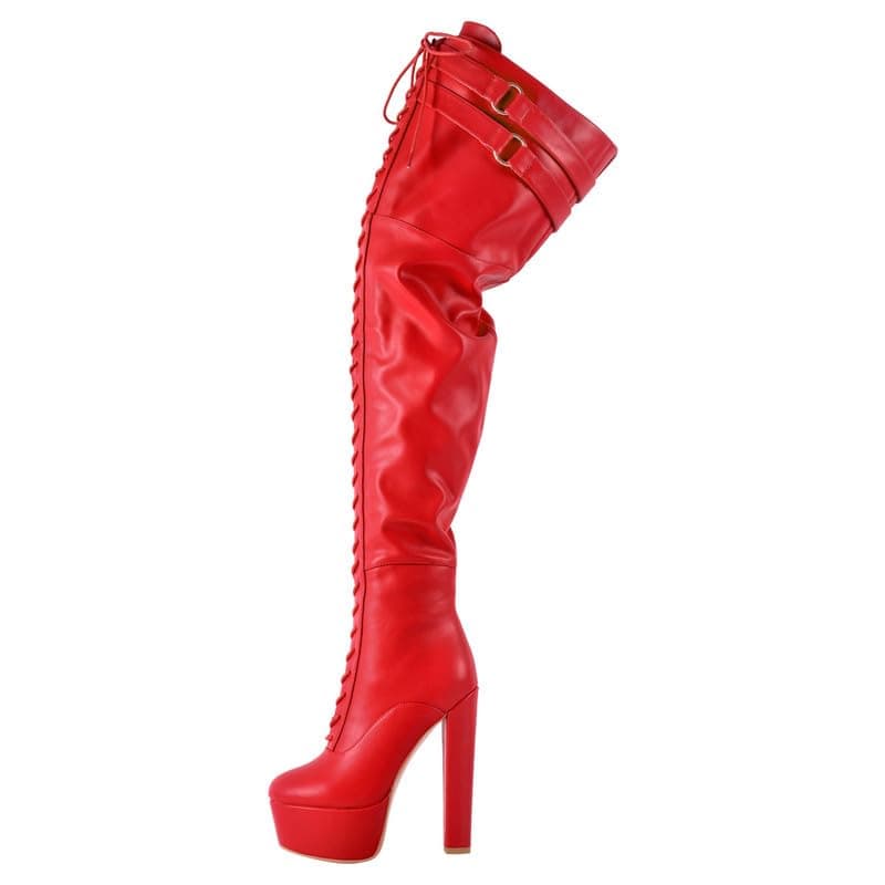Richealnana Women's Over The Knee High Platform Thigh High Boots | Fashion Lace-Up Chunky Heels | Winter Warmth.boot size US 8.5 — Red